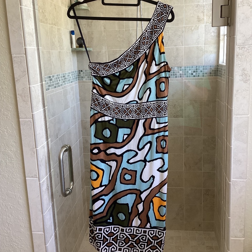 Diane von Furstenberg Silk Jersey One Shoulder Bodycon Midi Dress Graphic Print - Picture 6 of 8